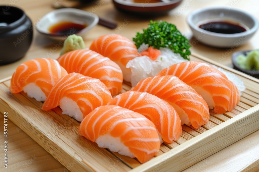 Fresh salmon nigiri sushi served on wooden tray
Fresh salmon nigiri sushi served on wooden tray