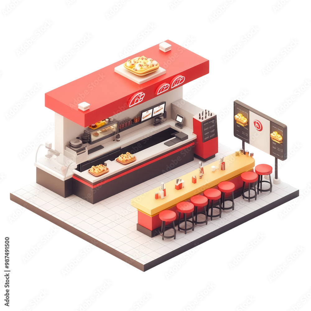 An inviting fast food counter with a vibrant red theme, featuring a long seating area and delicious menu items on display. on transparent cutout, PNG file. An inviting fast food counter with a vibrant red theme, featuring a long seating area and delicious menu items on display. on transparent cutout, PNG file.