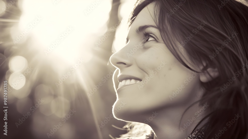 Woman smiling in sunlight, joyful expression Woman smiling in sunlight, joyful expression