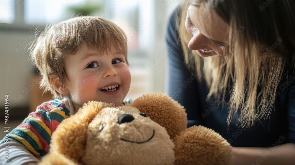 Joyful Child with Down Syndrome Playing with Teddy Bear Joyful Child with Down Syndrome Playing with Teddy Bear