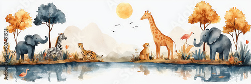 Watercolor painting of an African safari scene with animals. photo