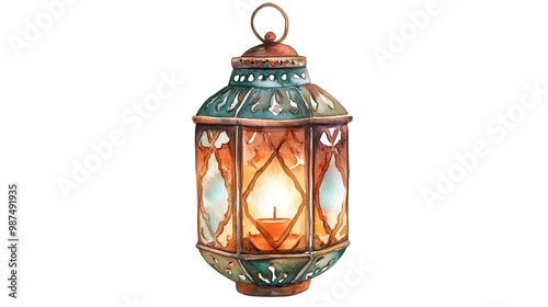 Bohemian Christmas lantern with detailed, intricate patterns, painted in watercolor. The lantern radiates warm hues like cinnamon, ochre, and bronze, and is isolated on a white background  photo