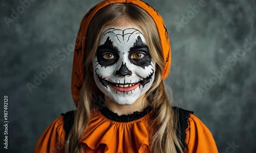 Footage of a teenage girl wearing orange costume for Halloween celebration, showing smiling face and scary makeup photo