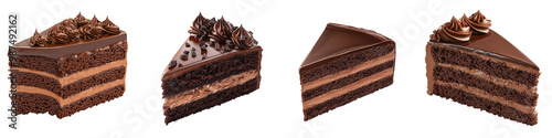 Delicious assortment of chocolate cakes showcasing rich layers and creamy frosting, perfect for dessert lovers and special occasions. on transparent cutout, PNG file.