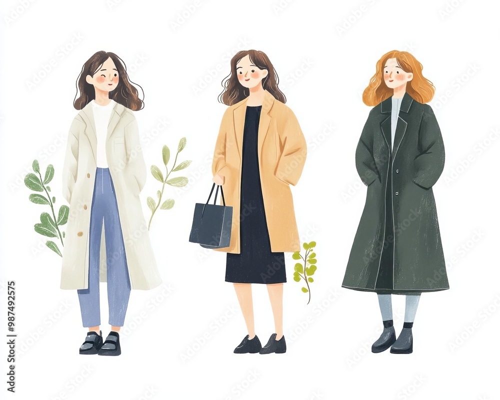 Three fashionable women in stylish coats, white isolated background. Three fashionable women in stylish coats, white isolated background.