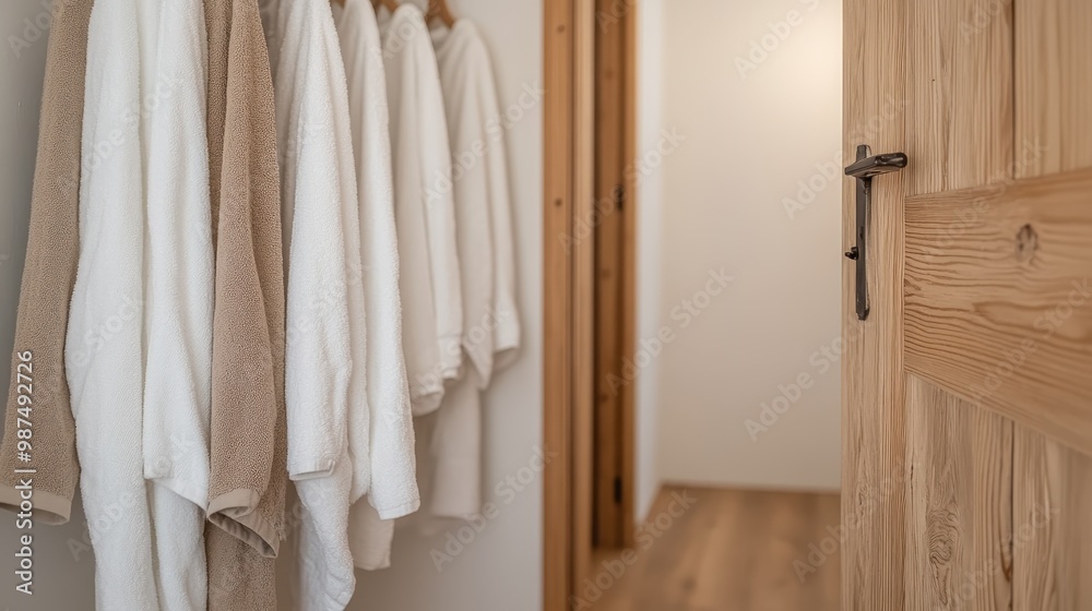 Neutral-colored bathrobes hanging neatly on hooks beside a wooden door in a bright and calm hallway, creating a welcoming and organized atmosphere with simple aesthetics. Neutral-colored bathrobes hanging neatly on hooks beside a wooden door in a bright and calm hallway, creating a welcoming and organized atmosphere with simple aesthetics.