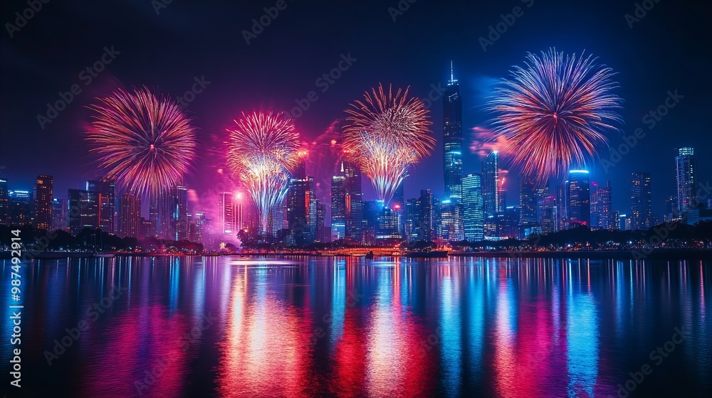Fototapeta premium Vibrant Night Sky Display with Colorful Fireworks for Celebrations