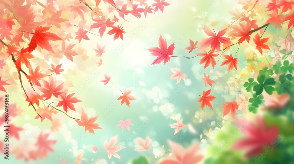 A beautiful combination of red maple leaves, green clover leaves, and soft pink sakura flowers swirling in the wind, high quality, sharp images, graphic, illustration A beautiful combination of red maple leaves, green clover leaves, and soft pink sakura flowers swirling in the wind, high quality, sharp images, graphic, illustration
