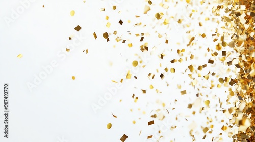 Gold confetti falling against a white background.