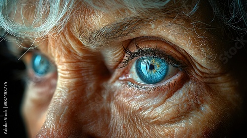   Close-up of a blue eye with white hair and blue eye patch above the upper part photo