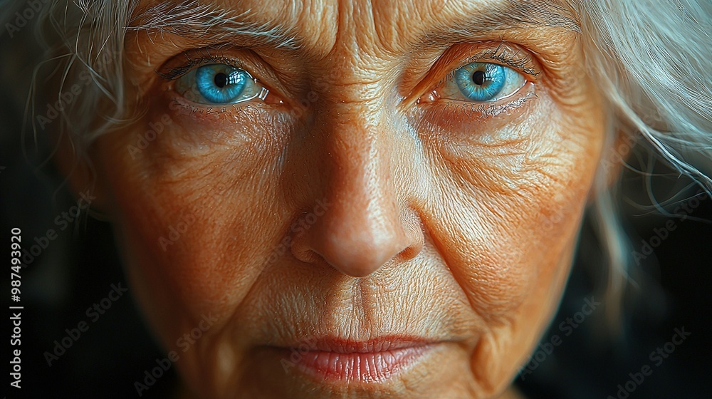 A woman with blue eyes and freckles on her face, facing the camera in a close-up shot A woman with blue eyes and freckles on her face, facing the camera in a close-up shot