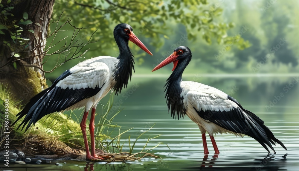 Naklejka premium A 2 black stork is resting on a lake in nature