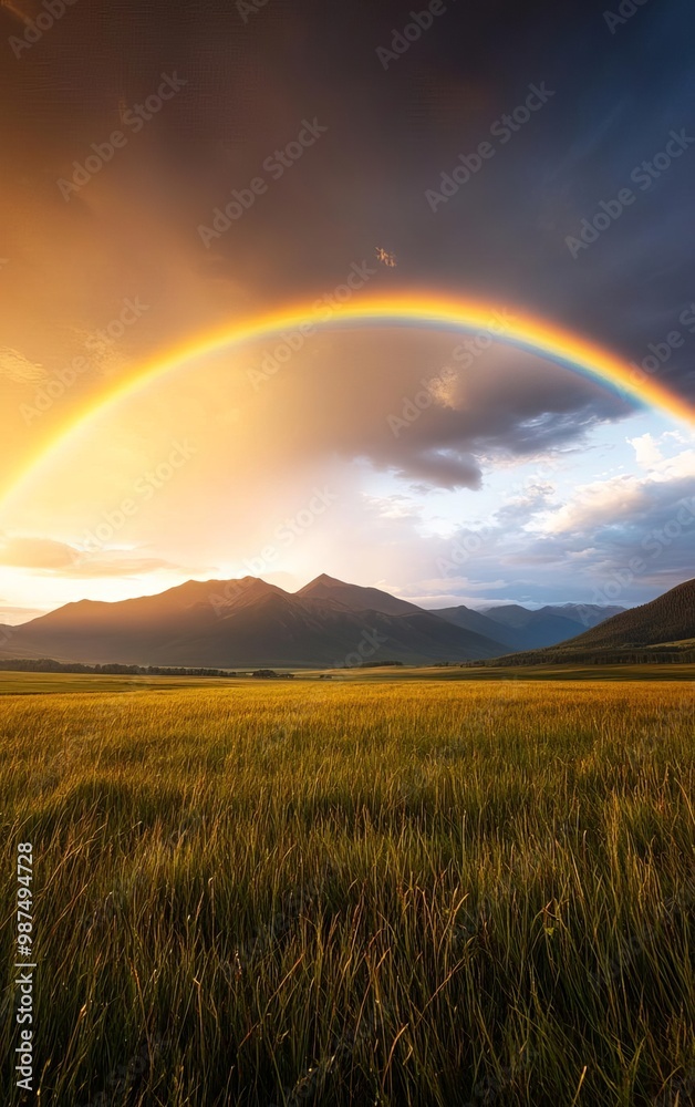 Vibrant rainbow arching over lush green field and mountains at sunset. Vibrant rainbow arching over lush green field and mountains at sunset.