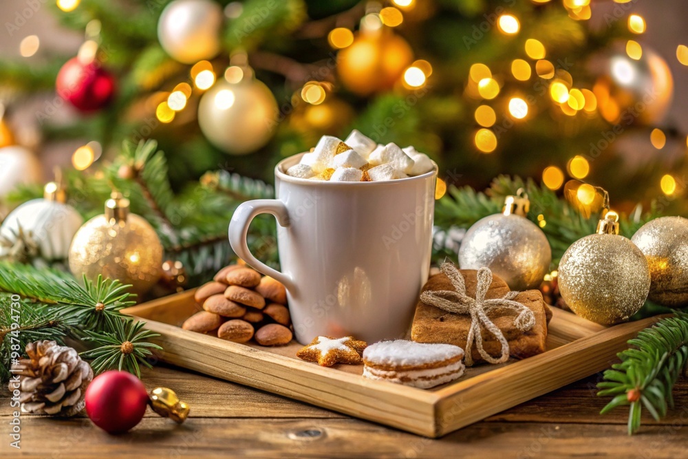 Cup of hot chocolate with marshmallow and cookies, christmas ornaments against stylish christmas tree with lights. Cup of hot chocolate with marshmallow and cookies, christmas ornaments against stylish christmas tree with lights.