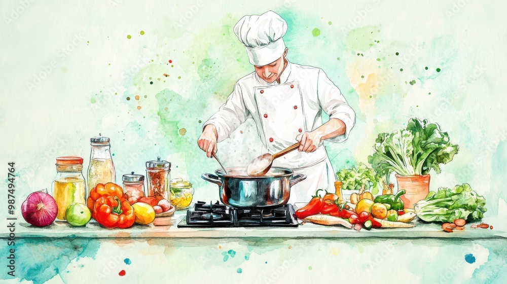 Chef Preparing Meal in Watercolor Style Chef Preparing Meal in Watercolor Style