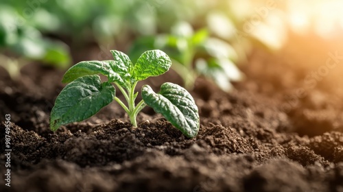 A tiny plant begins its journey in rich, dark soil, bathed in early morning light, representing the cycle of life and the potential for growth in a nurturing environment.