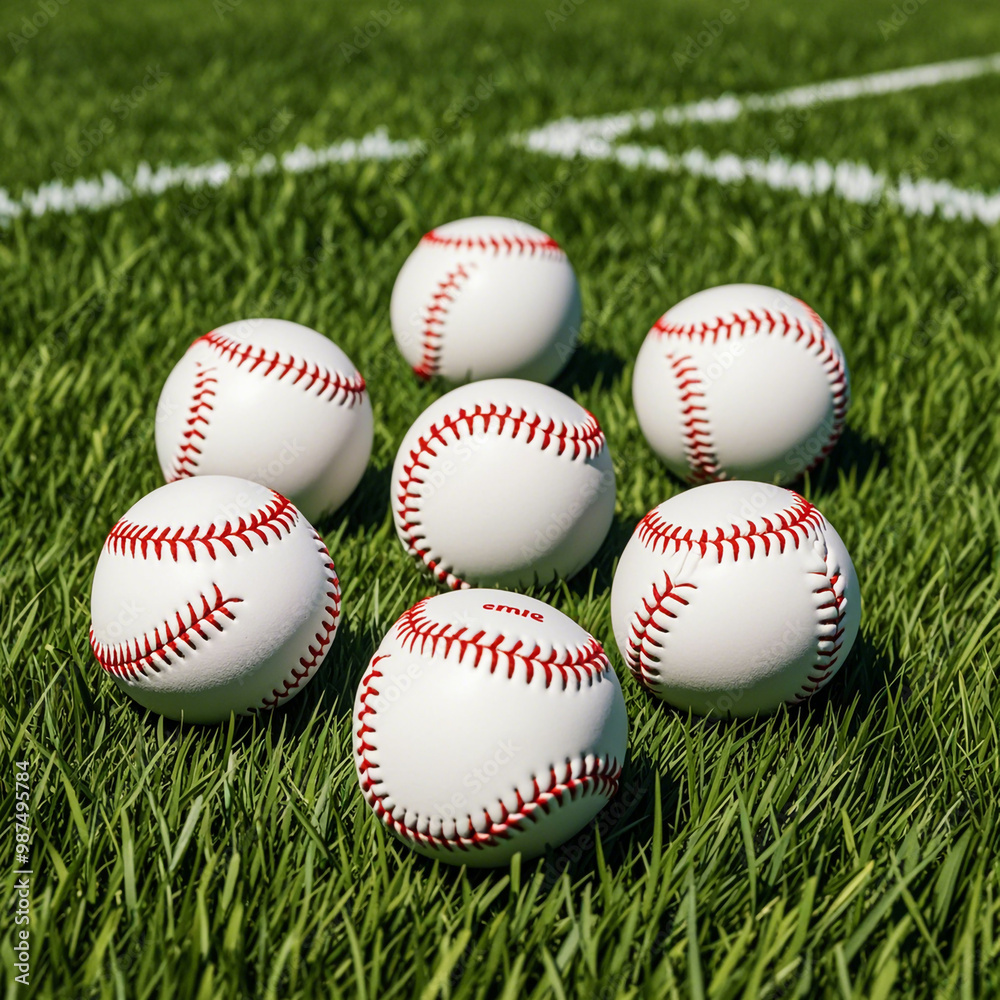 Several white baseballs with red stitching on a grassy field Several white baseballs with red stitching on a grassy field