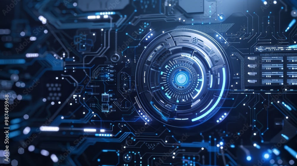 Futuristic minimalist tech design with geometric shapes and circuit patterns in blue and silver Futuristic minimalist tech design with geometric shapes and circuit patterns in blue and silver