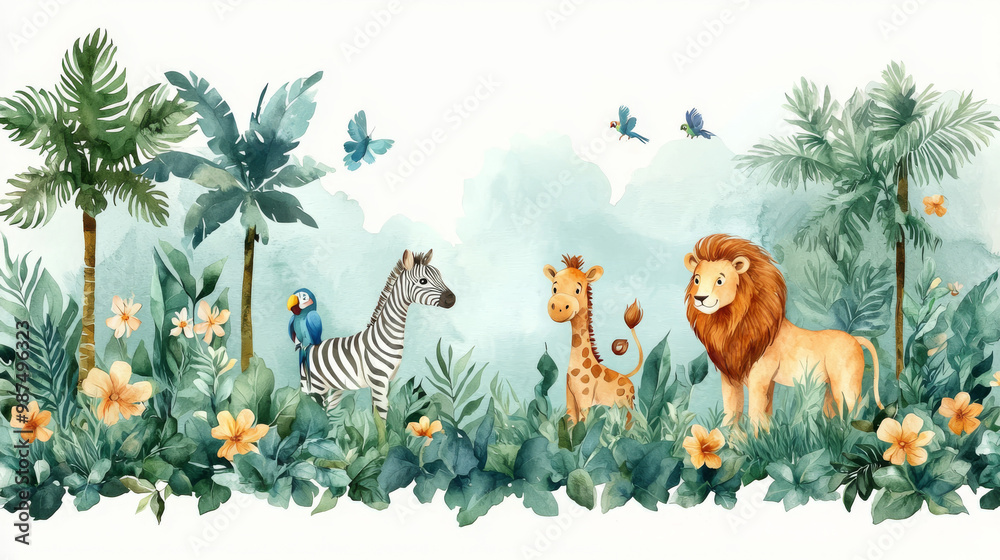 Obraz premium Cute watercolor illustration of a zebra, giraffe, and lion in the jungle.