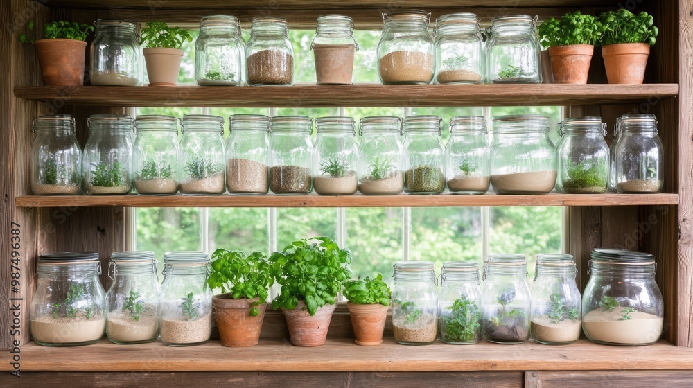 A cozy country kitchen features white cabinets and wooden shelves filled with glass jars, enhanced by a lovely view of nature through balcony doors A cozy country kitchen features white cabinets and wooden shelves filled with glass jars, enhanced by a lovely view of nature through balcony doors