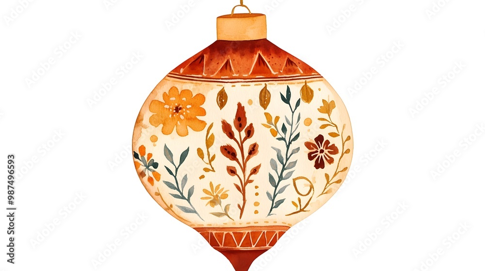 Hand-painted Boho-style Christmas lantern clipart, adorned with delicate, intricate designs. The lantern is in warm tones such as copper, deep red, and mustard yellow, set against a white backdrop Hand-painted Boho-style Christmas lantern clipart, adorned with delicate, intricate designs. The lantern is in warm tones such as copper, deep red, and mustard yellow, set against a white backdrop