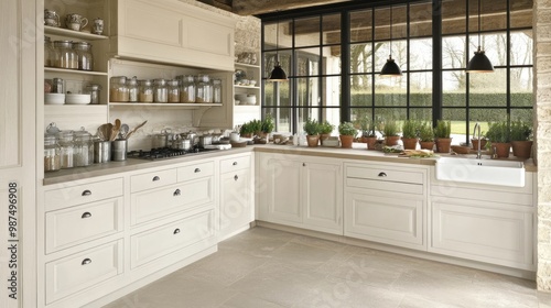 A cozy country kitchen features white cabinets and wooden shelves filled with glass jars, enhanced by a lovely view of nature through balcony doors