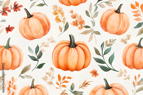 A painting of pumpkins and leaves with a fall theme. The pumpkins are orange and the leaves are green