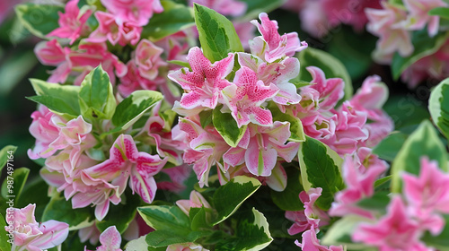 Wallpaper Mural Pink Flowers with Variegated Leaves A Close-Up View Torontodigital.ca