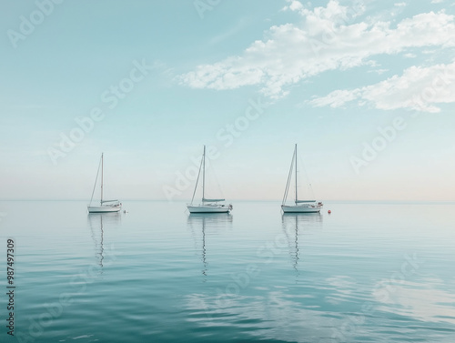 Three Sailboats Reflecting on Calm Water, Tranquil Marina Scene with Clear Blue Sky