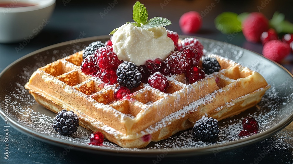 Waffle Topped With Whipped Cream, Berries, and Powdered Sugar Waffle Topped With Whipped Cream, Berries, and Powdered Sugar