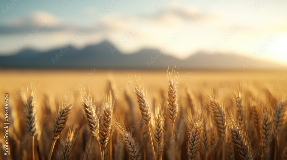 This stunning photograph captures a golden wheat field basking under the serene light of a setting sun, with distant mountains providing a beautiful backdrop. This stunning photograph captures a golden wheat field basking under the serene light of a setting sun, with distant mountains providing a beautiful backdrop.