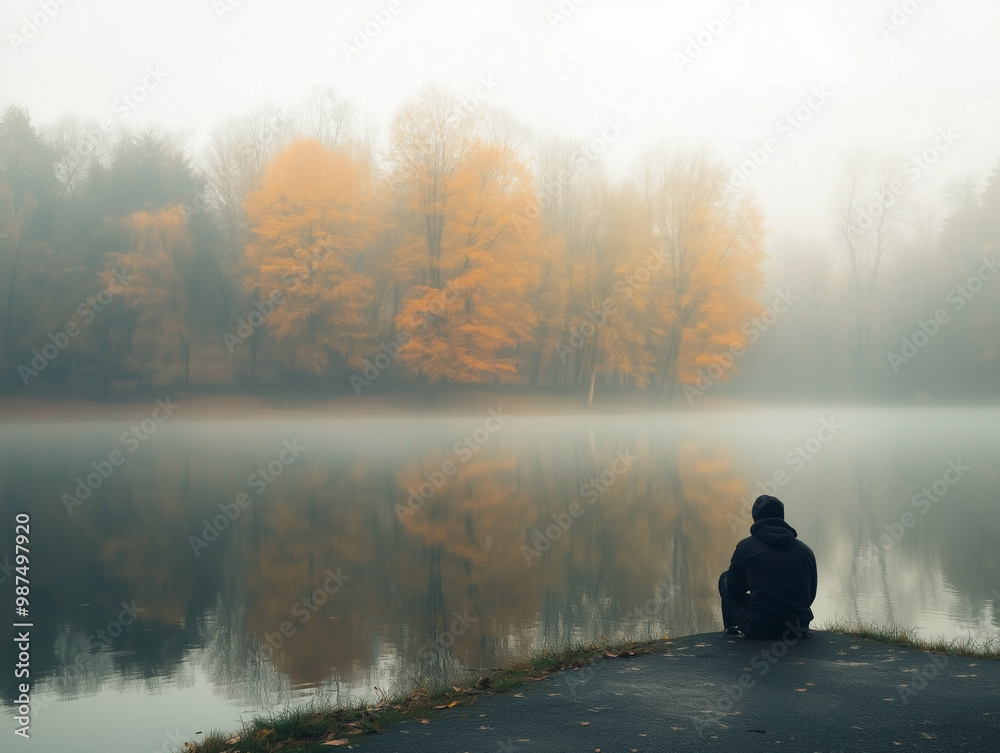 Silhouette of Person Meditating by Foggy Lake, Calm Morning Reflections in Misty Landscape Silhouette of Person Meditating by Foggy Lake, Calm Morning Reflections in Misty Landscape