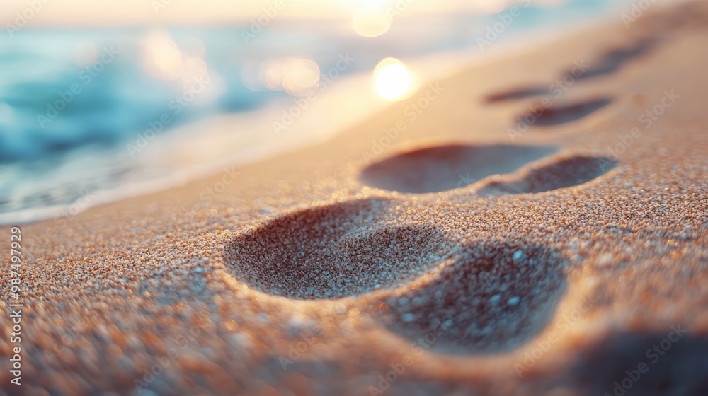 A detailed, close-up image of footprints in soft, wet sand on a beach during sunset, capturing the serenity and peacefulness of a solitary walk along the coastline. A detailed, close-up image of footprints in soft, wet sand on a beach during sunset, capturing the serenity and peacefulness of a solitary walk along the coastline.