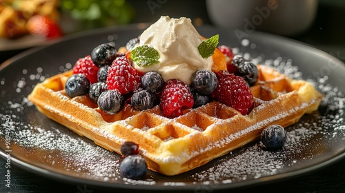 Freshly Baked Waffle Topped with Whipped Cream, Berries, and Powdered Sugar