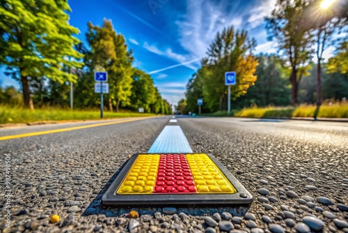 Brightly Colored Raised Pavement Marker on Roadway for Improved Visibility and Safety in Traffic Areas photo