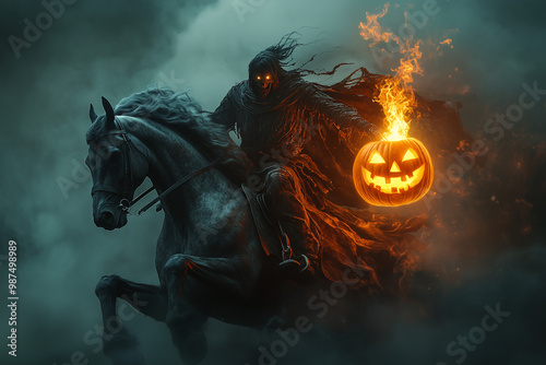Headless Horseman Concept: A dramatic scene featuring the iconic headless horseman on a rearing horse, holding a flaming jack-o’-lantern
