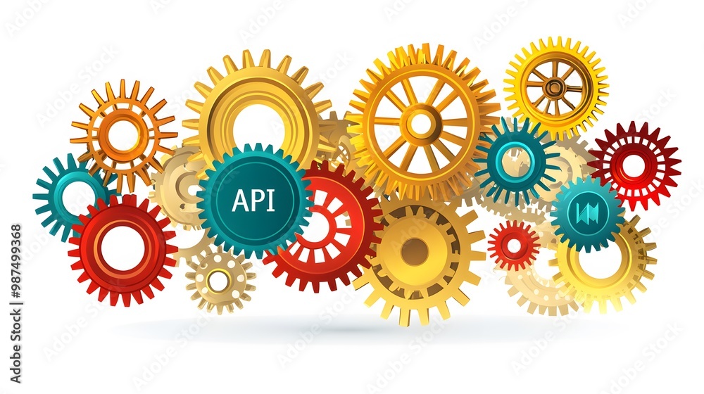 Modern API Integration: An elegant vector illustration featuring interconnected gears, representing seamless API integration. The white background ensures focus on the central concept. Copy 