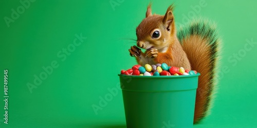Squirrel Enjoying Colorful Candy in Green Background