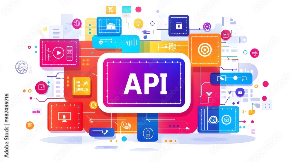 API Marketplace: A virtual marketplace with different API icons, representing a platform for discovering and using APIs . API Marketplace: A virtual marketplace with different API icons, representing a platform for discovering and using APIs .