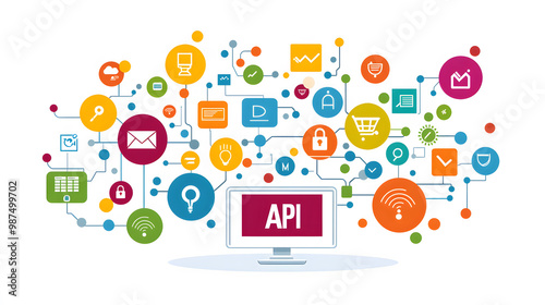 API Marketplace: A virtual marketplace with different API icons, representing a platform for discovering and using APIs . "API" ,isolate on white background 