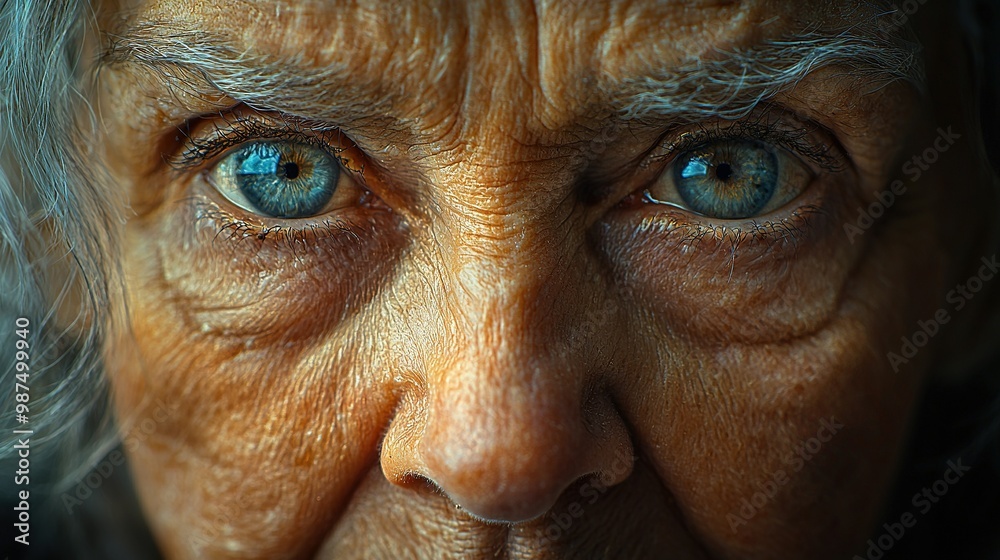 A detailed portrait of a senior woman with expressive blue eyes and subtle facial lines, focused intently on the viewer A detailed portrait of a senior woman with expressive blue eyes and subtle facial lines, focused intently on the viewer