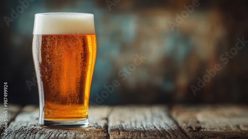 A well-poured pint of golden beer with a frothy top sits elegantly on a rustic, weathered wooden surface, showcasing the rich hue and textural bubbles of this refreshing drink. photo