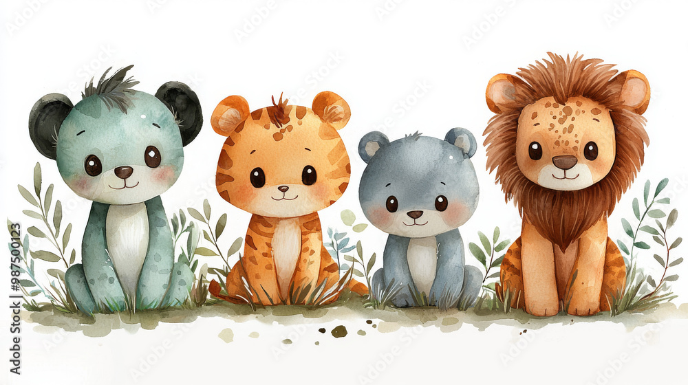 Cute cartoon animals in a watercolor illustration.