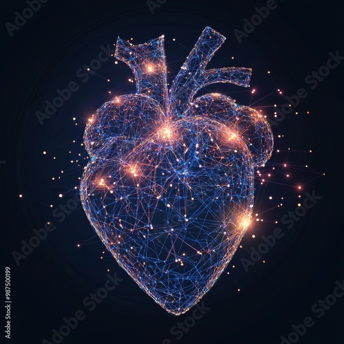 abstract digital of human heart with polygonal illustration of lines and glowing dots