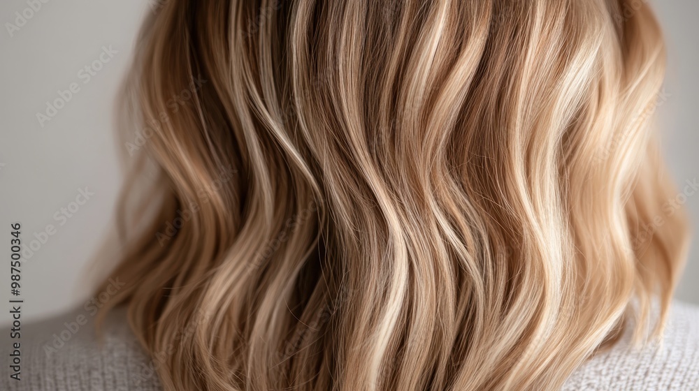 This image captures the back view of wavy blond hair with subtle highlights, showcasing a soft and natural hairstyle in a gentle light setting perfect for lifestyle magazines. This image captures the back view of wavy blond hair with subtle highlights, showcasing a soft and natural hairstyle in a gentle light setting perfect for lifestyle magazines.