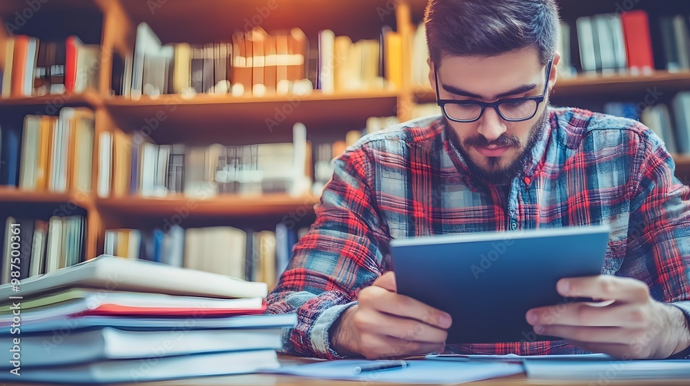 Young man studying with digital tablet Young man studying with digital tablet