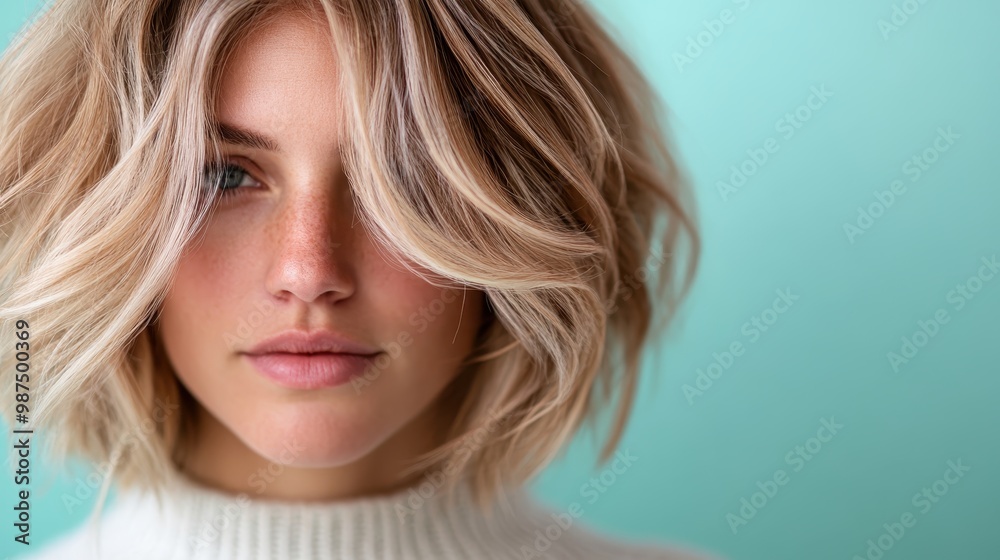Fototapeta premium A captivating portrait of a blonde woman with a tousled bob hairstyle against a pastel background, exuding confidence and modern style in a timeless fashion image.