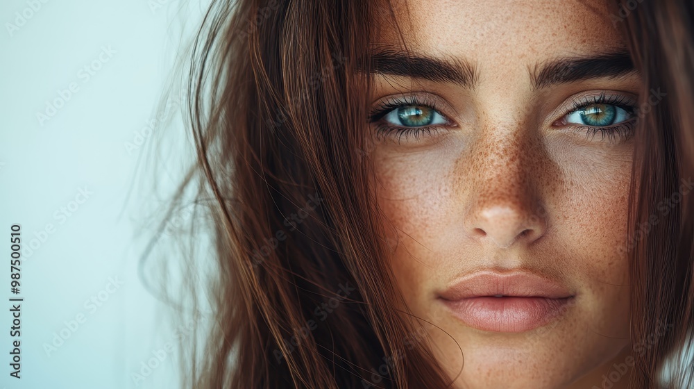A mesmerizing close-up of a young woman with green eyes and freckles, showcasing captivating beauty and a moment of introspective thought. A mesmerizing close-up of a young woman with green eyes and freckles, showcasing captivating beauty and a moment of introspective thought.