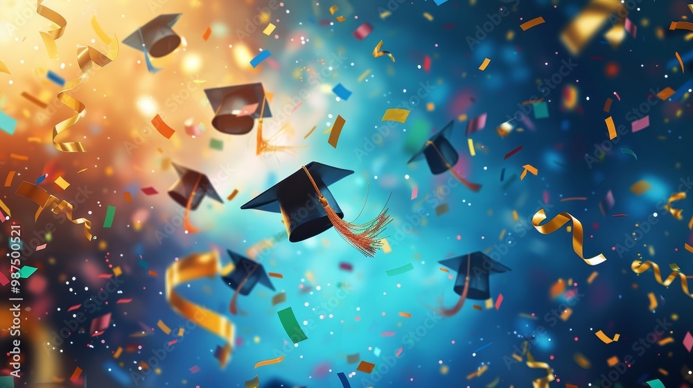 Naklejka premium Exciting illustration of graduation caps and confetti soaring in celebration of academic achievement
