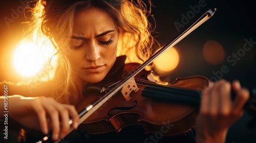 A close-up image of a violinist playing passionately under warm, moody lighting, expressing intense concentration and deep connection with the music.